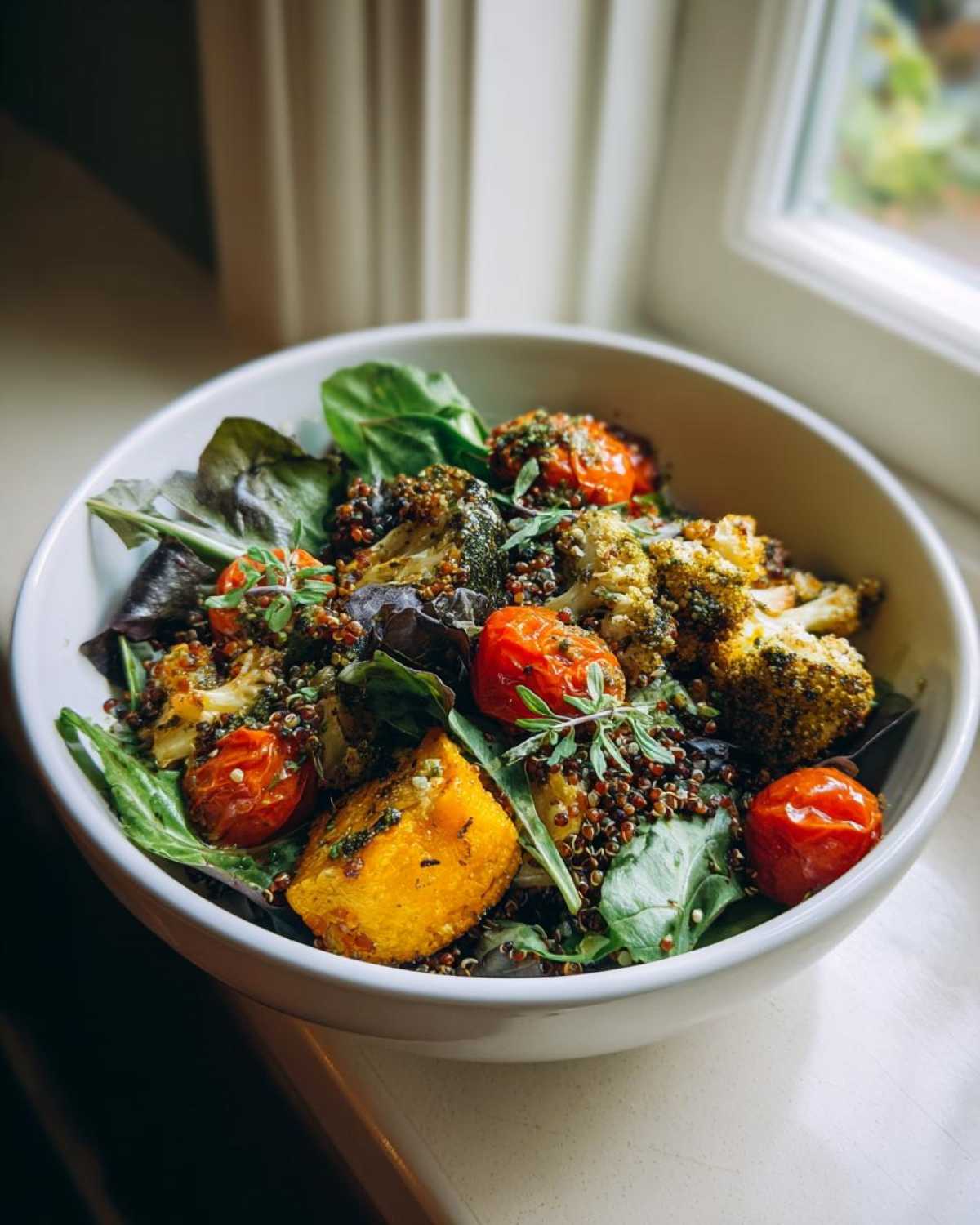 A vibrant plant powered greens salad bowl filled with roasted broccoli, cherry tomatoes, quinoa, and squash.