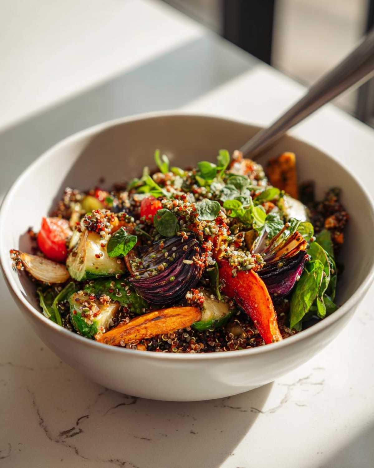 A close-up of a plant powered greens salad bowl filled with quinoa, roasted Brussels sprouts, carrots, red onion, and cherry tomatoes.