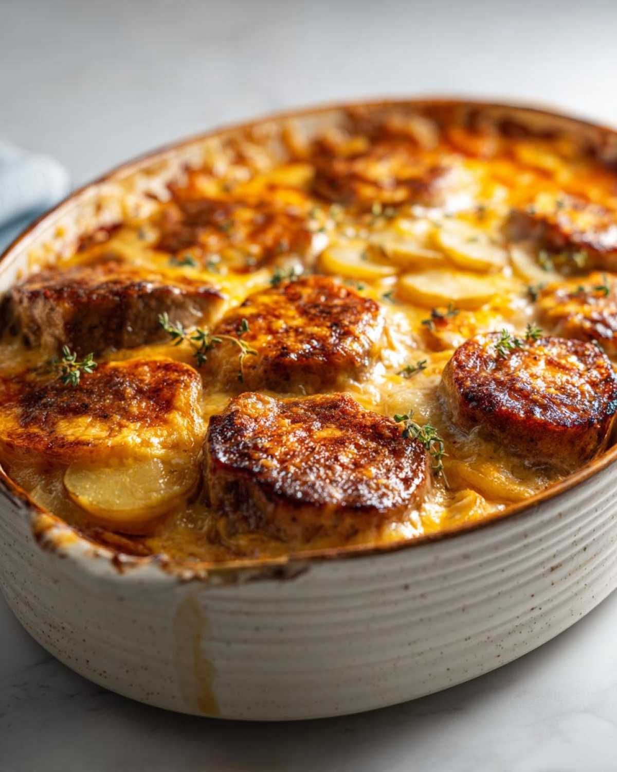 Close-up of a creamy pork chop and potato casserole in a baking dish, topped with golden-brown pork chops and fresh thyme.