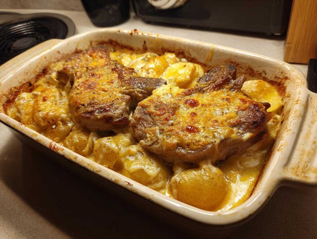 A close-up of a creamy pork chop and potato casserole baked in a dish, topped with melted golden cheese.