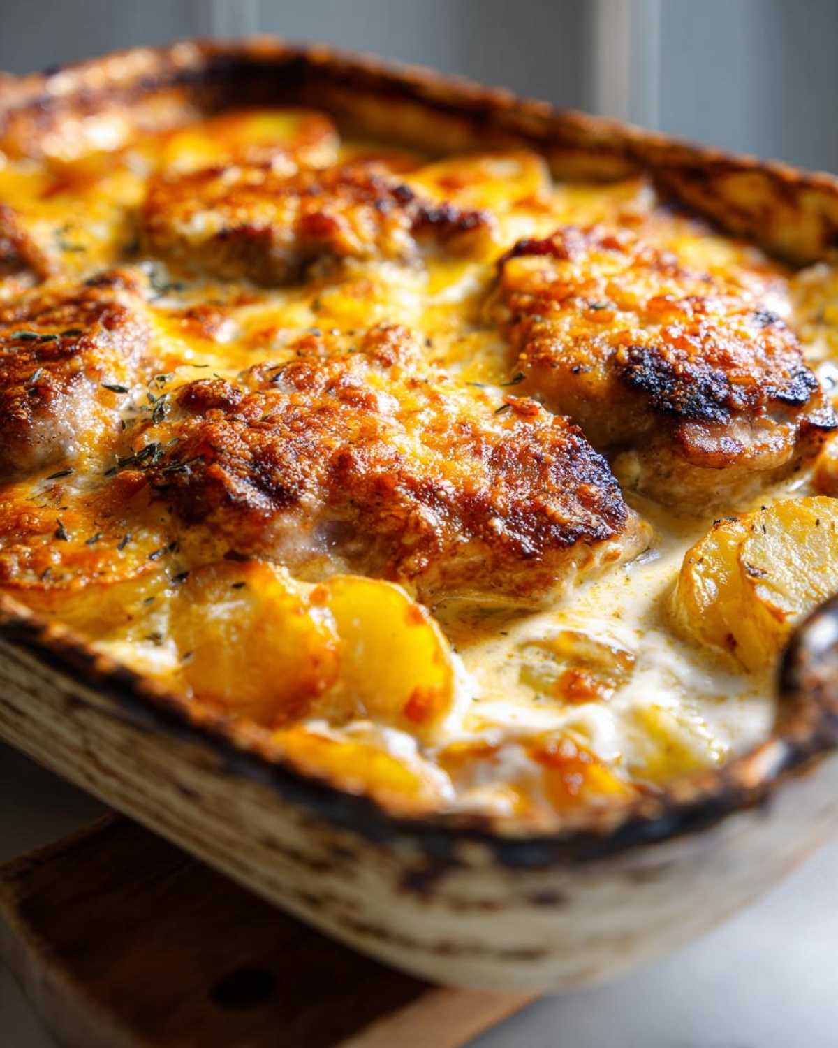 A close-up of a creamy pork chop and potato casserole, with golden-brown pork chops and tender potato slices in a rich sauce.