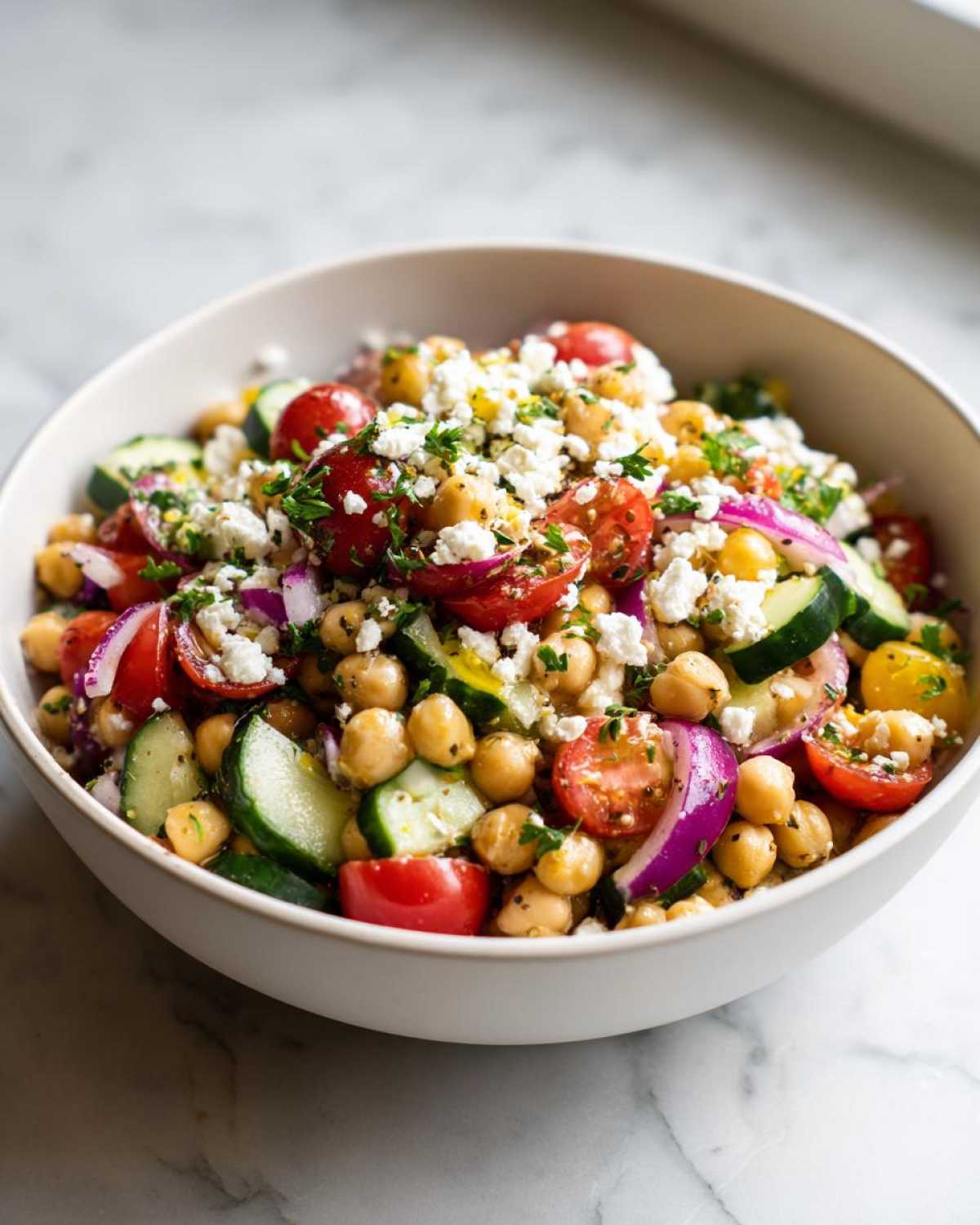A close-up of a protein-packed bean salad featuring chickpeas, cherry tomatoes, cucumber, red onion, and feta cheese.