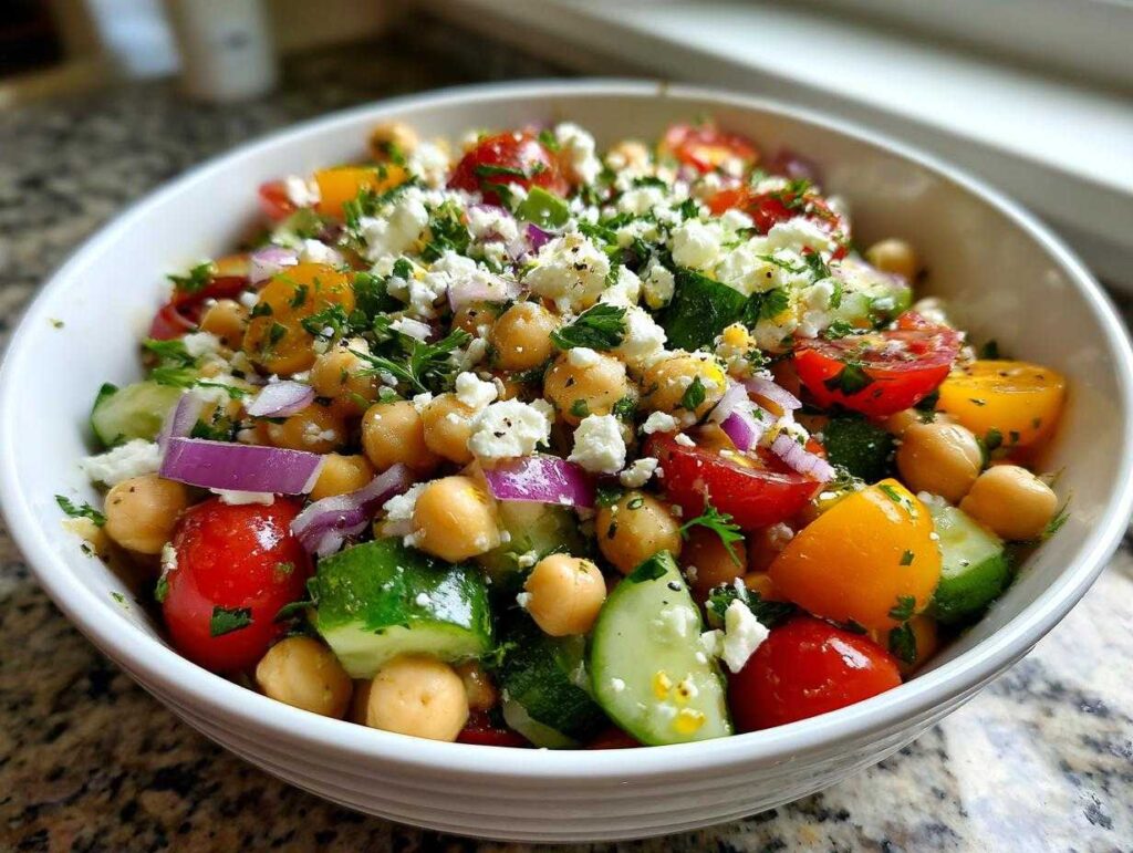 A close-up of a protein-packed bean salad featuring chickpeas, cherry tomatoes, cucumber, red onion, and feta cheese.
