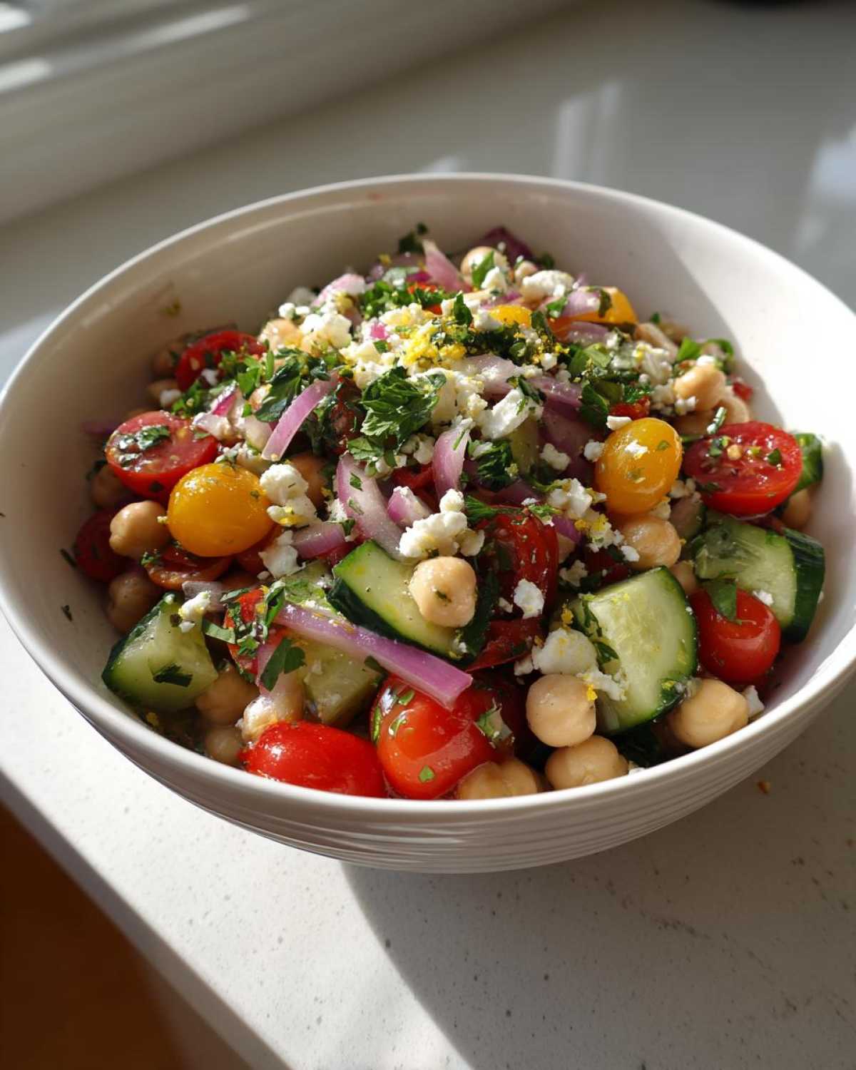 A vibrant bowl of protein-packed bean salad featuring chickpeas, cherry tomatoes, cucumber, red onion, and feta cheese.