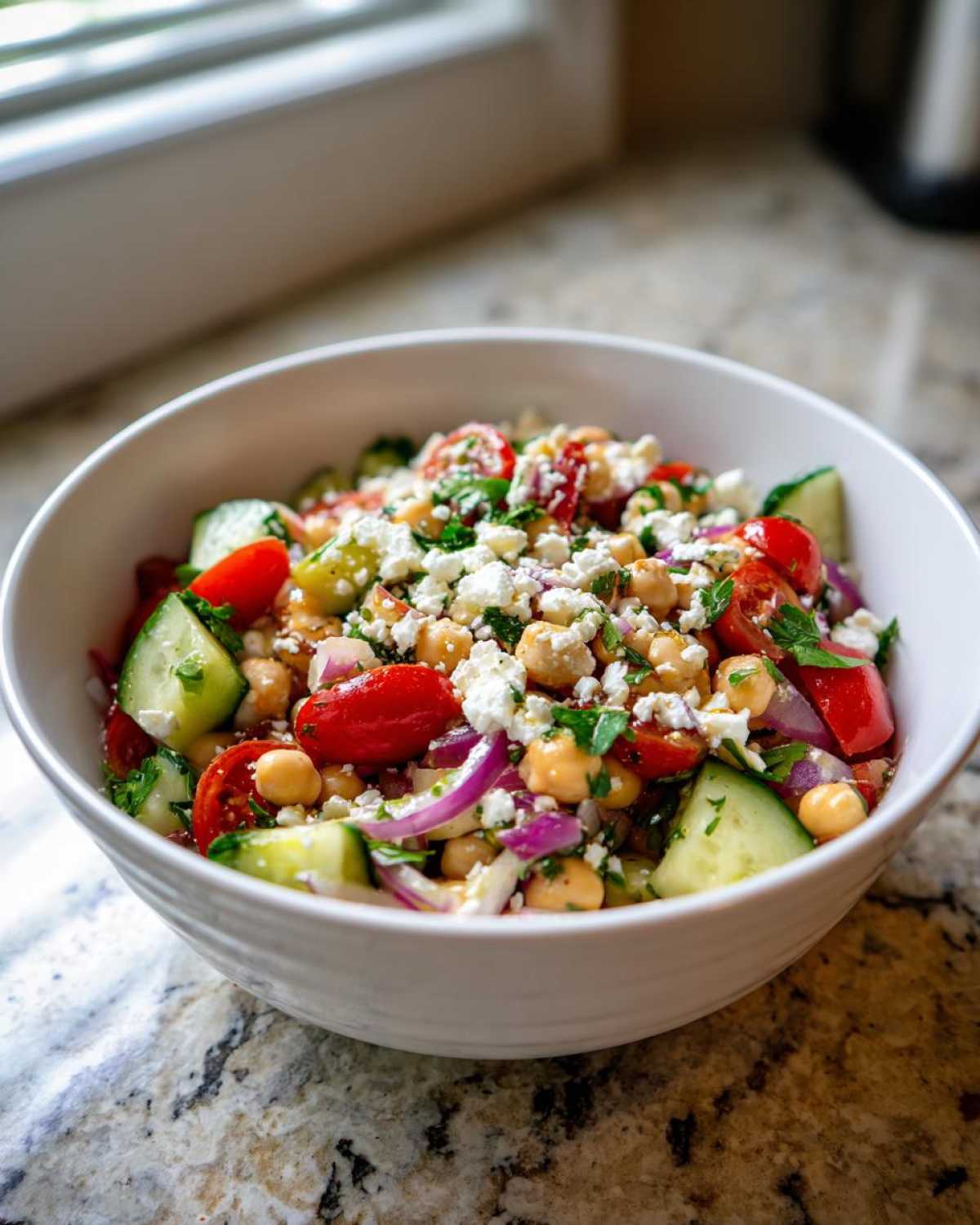 A close-up of a protein-packed bean salad in a white bowl, featuring chickpeas, tomatoes, cucumbers, red onion, and feta cheese.