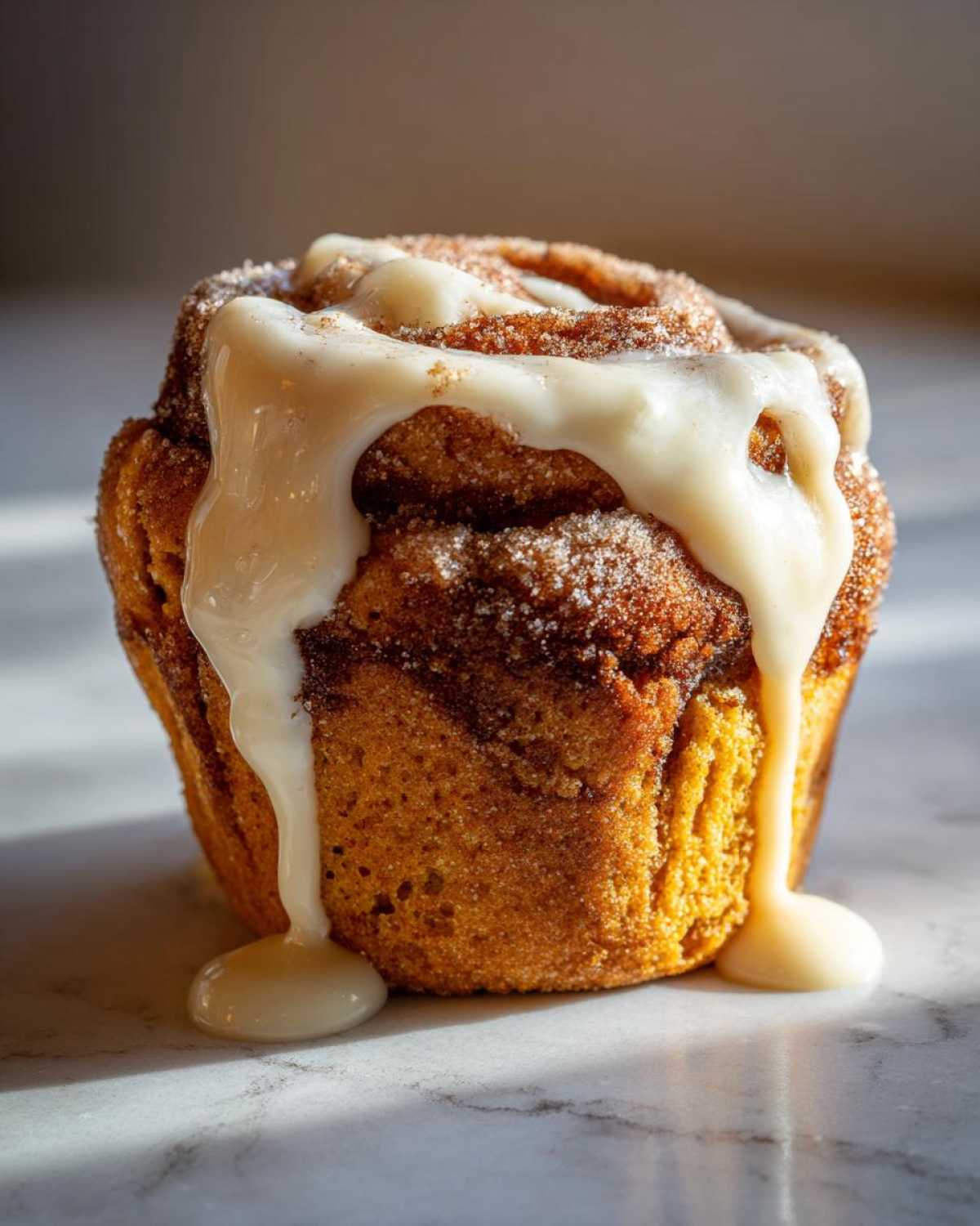 Close-up of a delicious pumpkin cinnamon roll muffin topped with a generous drizzle of cream cheese glaze.