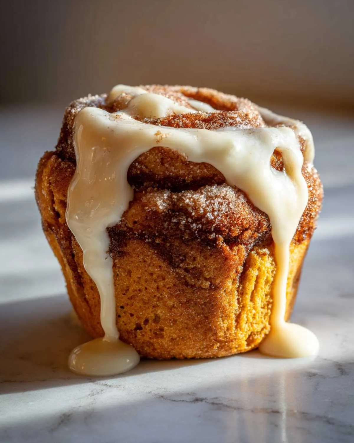Close-up of a delicious pumpkin cinnamon roll muffin topped with a generous drizzle of cream cheese glaze.