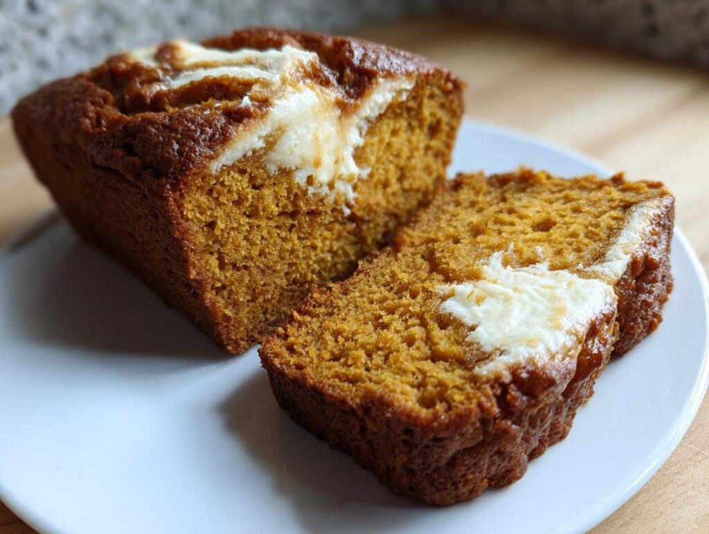 Close-up of a slice of moist pumpkin cream cheese bread with visible cream cheese swirls.