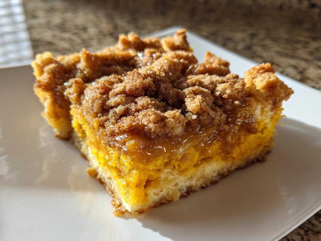 A close-up shot of a moist slice of pumpkin dump cake with a crumb topping on a white plate.