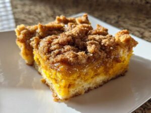 A close-up shot of a moist slice of pumpkin dump cake with a crumb topping on a white plate.