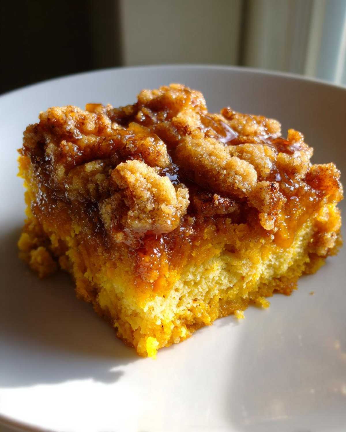 A close-up of a moist slice of pumpkin dump cake, topped with a crumbly cinnamon streusel and drizzled with caramel.