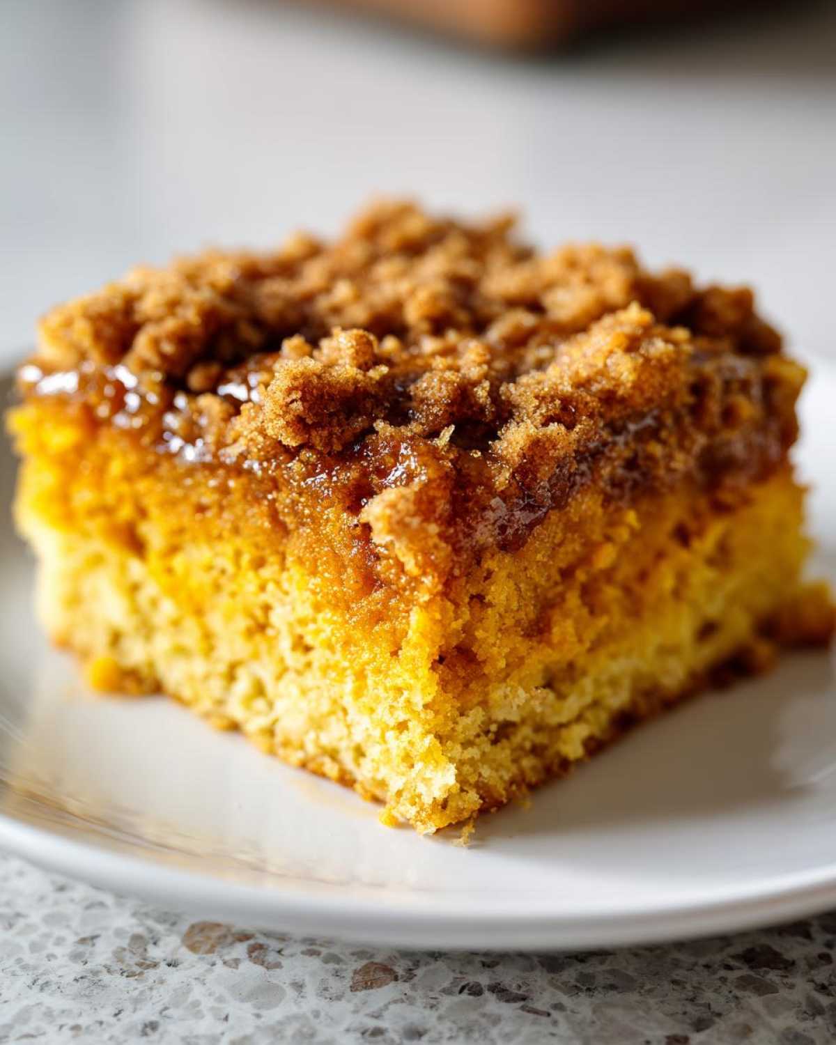 A close-up shot of a moist slice of pumpkin dump cake on a white plate, topped with crumbly brown sugar topping.