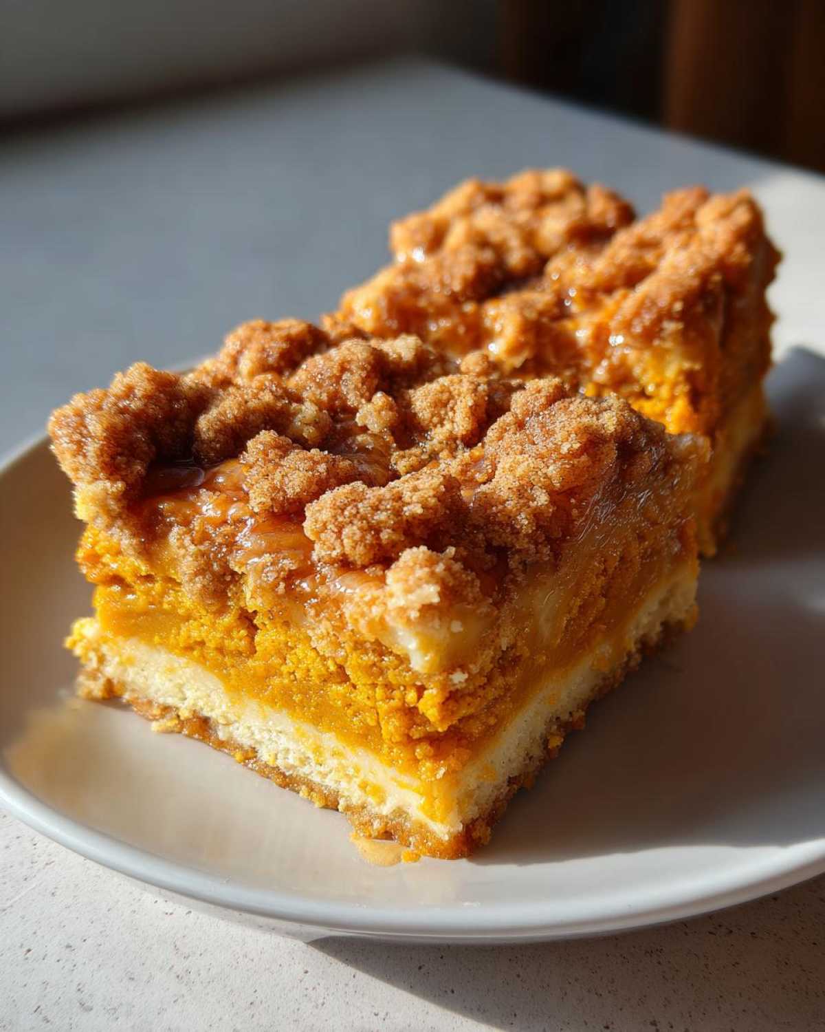 A close-up of a slice of pumpkin dump cake on a plate, featuring a rich orange pumpkin filling and a crunchy crumble topping.