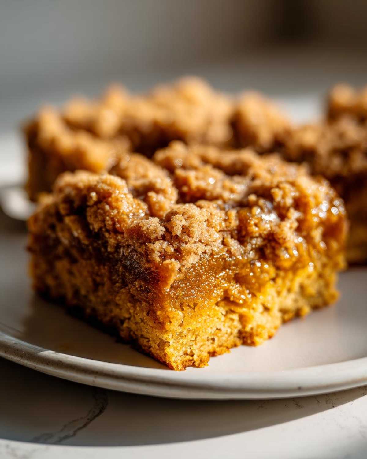 A close-up of a moist slice of pumpkin dump cake with a brown sugar crumble topping on a white plate.