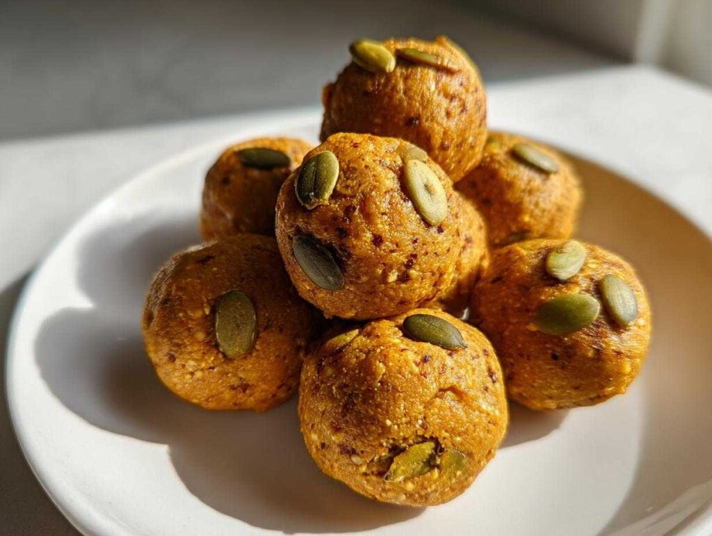 A stack of no-bake pumpkin protein bites topped with pumpkin seeds on a white plate.