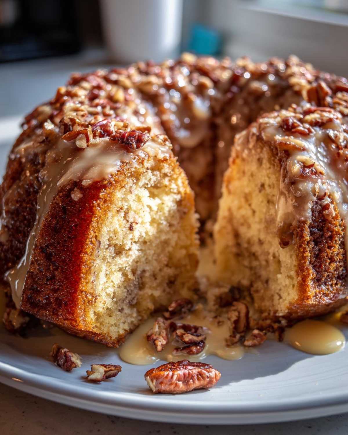 A slice is cut from a moist Pumpkin Rum Bundt Cake, topped with a caramel glaze and chopped pecans.