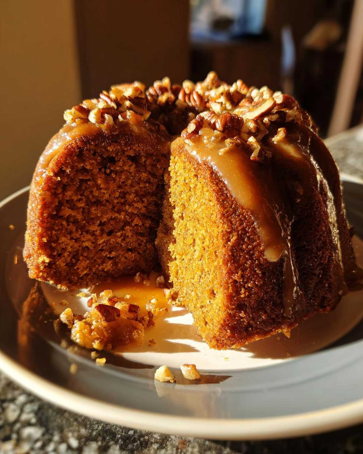 A slice of moist pumpkin rum bundt cake topped with caramel glaze and chopped pecans.