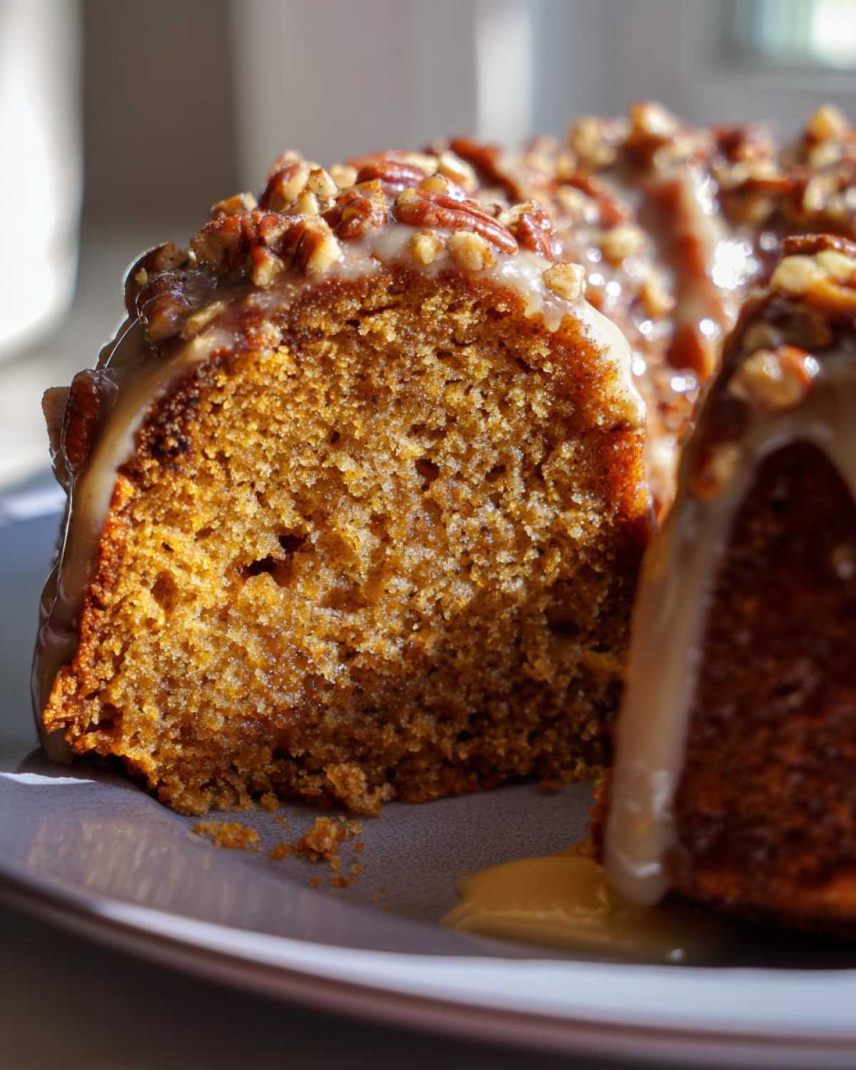 A slice of moist pumpkin rum bundt cake topped with a creamy glaze and chopped pecans.