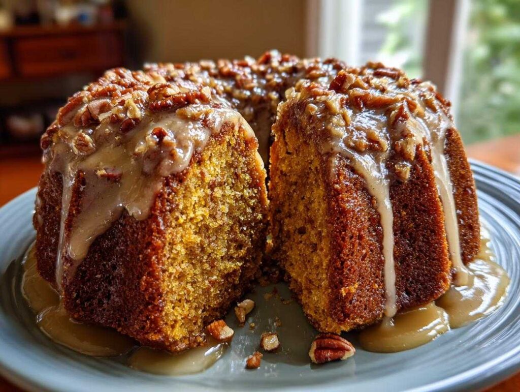 A slice of moist pumpkin rum bundt cake topped with glaze and pecans, served on a plate.