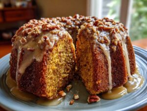 A slice of moist pumpkin rum bundt cake topped with glaze and pecans, served on a plate.