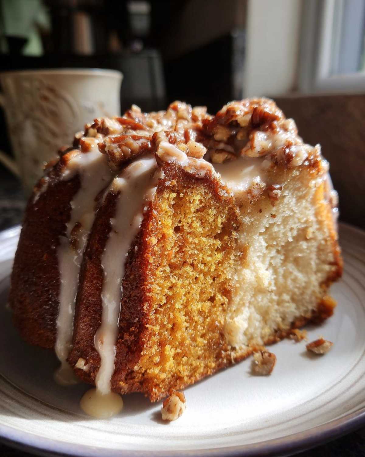 A slice of moist pumpkin rum bundt cake topped with a creamy glaze and chopped pecans.