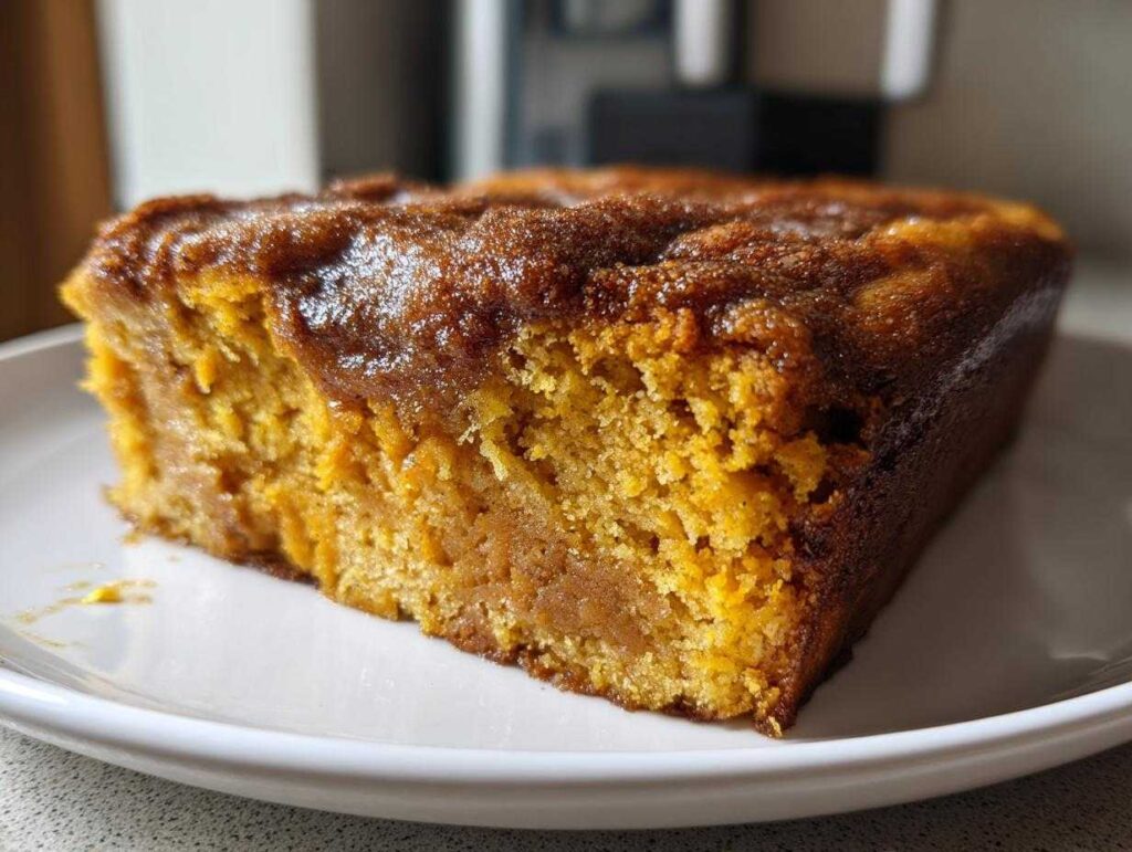 A close-up view of a moist slice of pumpkin snickerdoodle snack cake on a white plate.