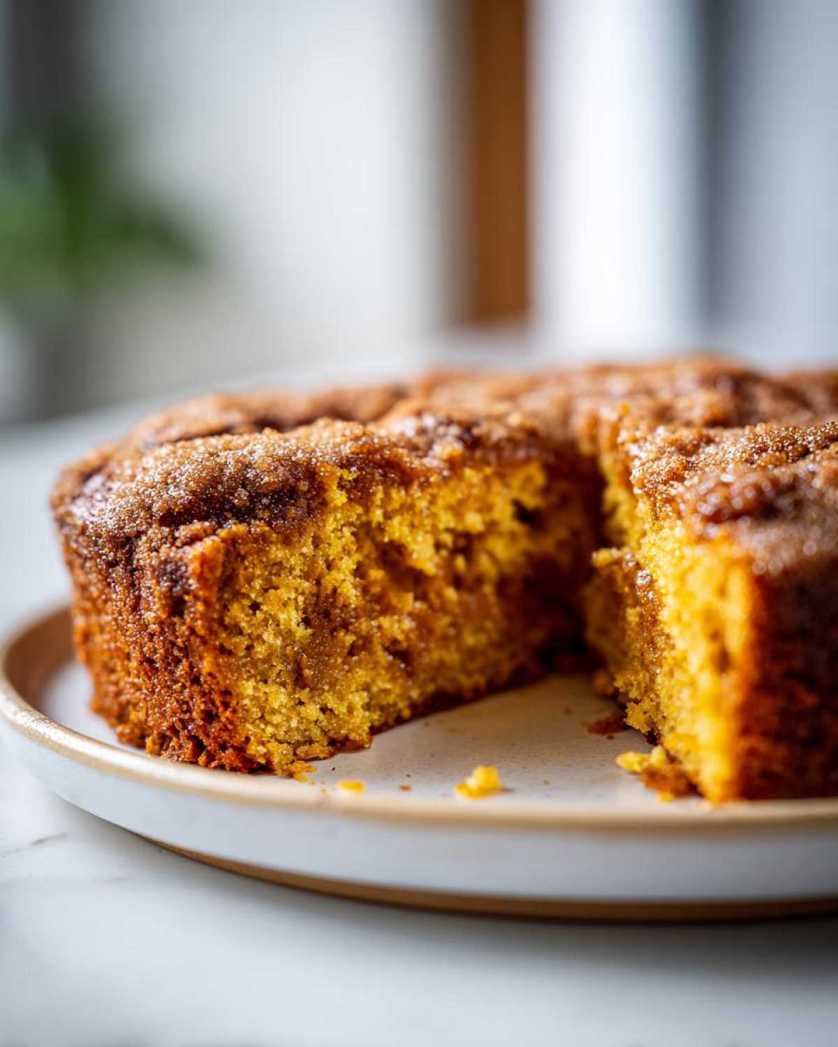 A close-up of a slice of pumpkin snickerdoodle snack cake on a plate, showing its moist texture and cinnamon-sugar topping.