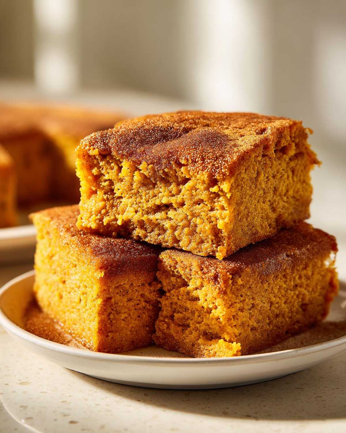 Three moist slices of pumpkin snickerdoodle snack cake stacked on a white plate, dusted with cinnamon sugar.
