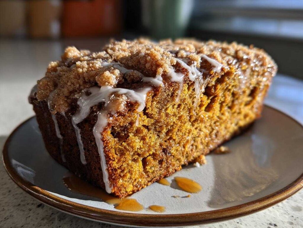 A close-up of a slice of moist pumpkin streusel bread, drizzled with white glaze and topped with streusel crumbs.