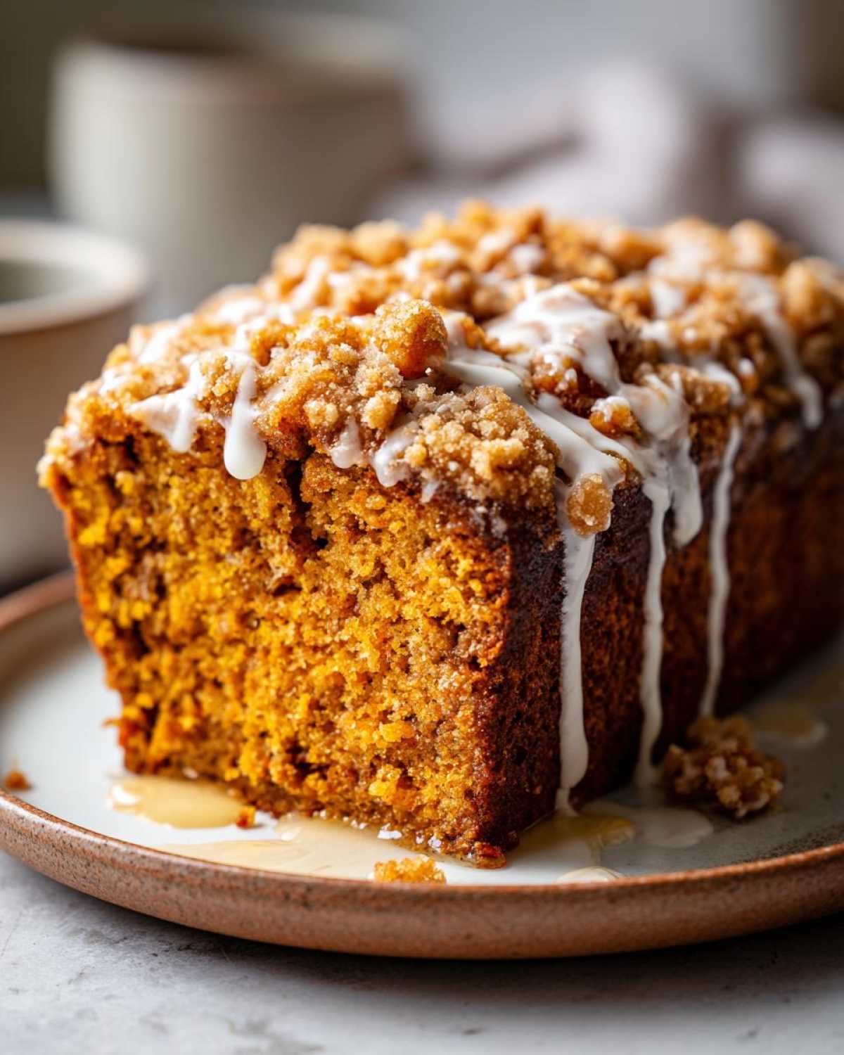 A slice of moist pumpkin streusel bread topped with white glaze and streusel crumbs, served on a plate.
