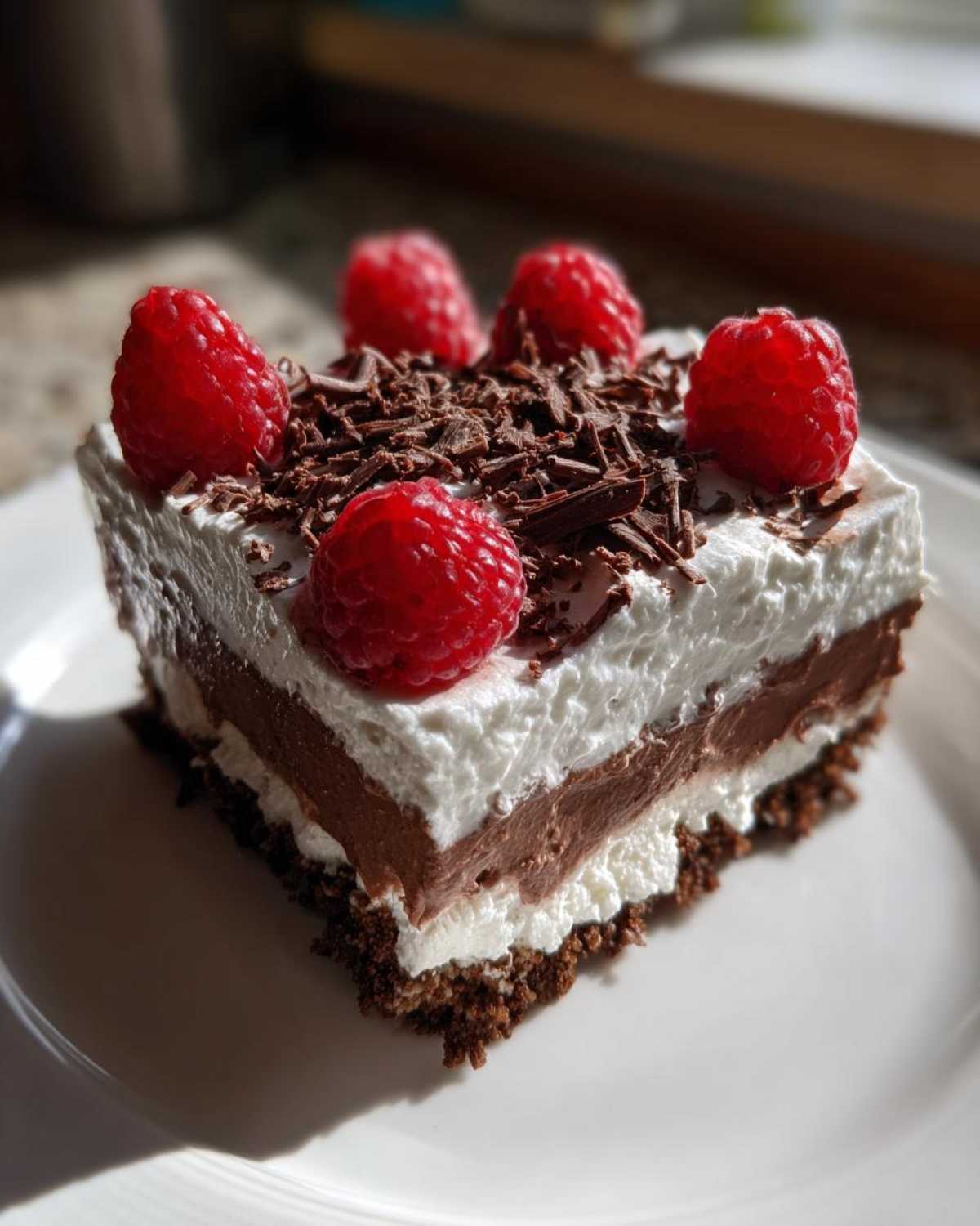 A decadent slice of raspberry chocolate lasagna, topped with whipped cream, chocolate shavings, and fresh raspberries.