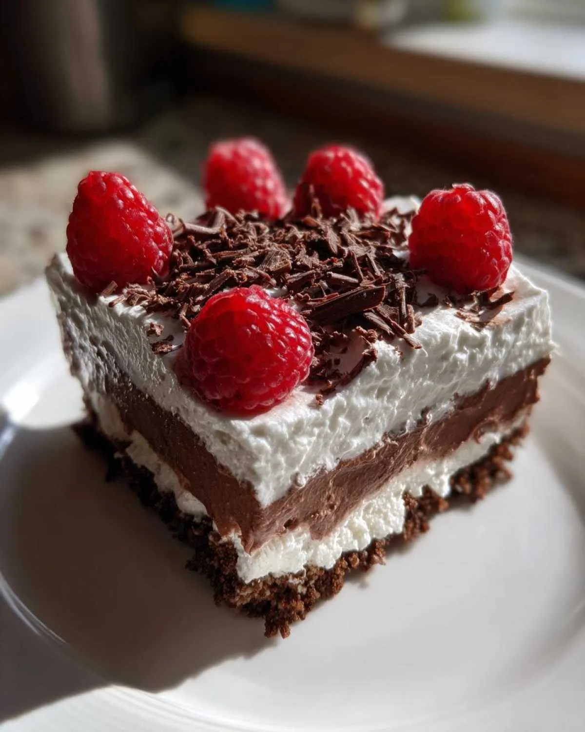 A decadent slice of raspberry chocolate lasagna, topped with whipped cream, chocolate shavings, and fresh raspberries.