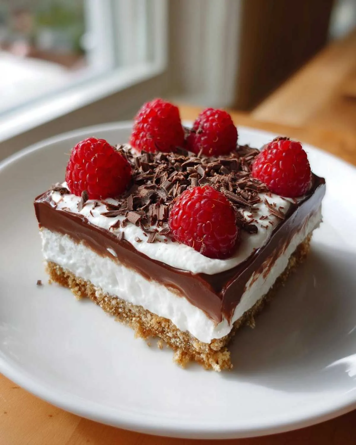 A delicious slice of raspberry chocolate lasagna topped with whipped cream, chocolate shavings, and fresh raspberries.