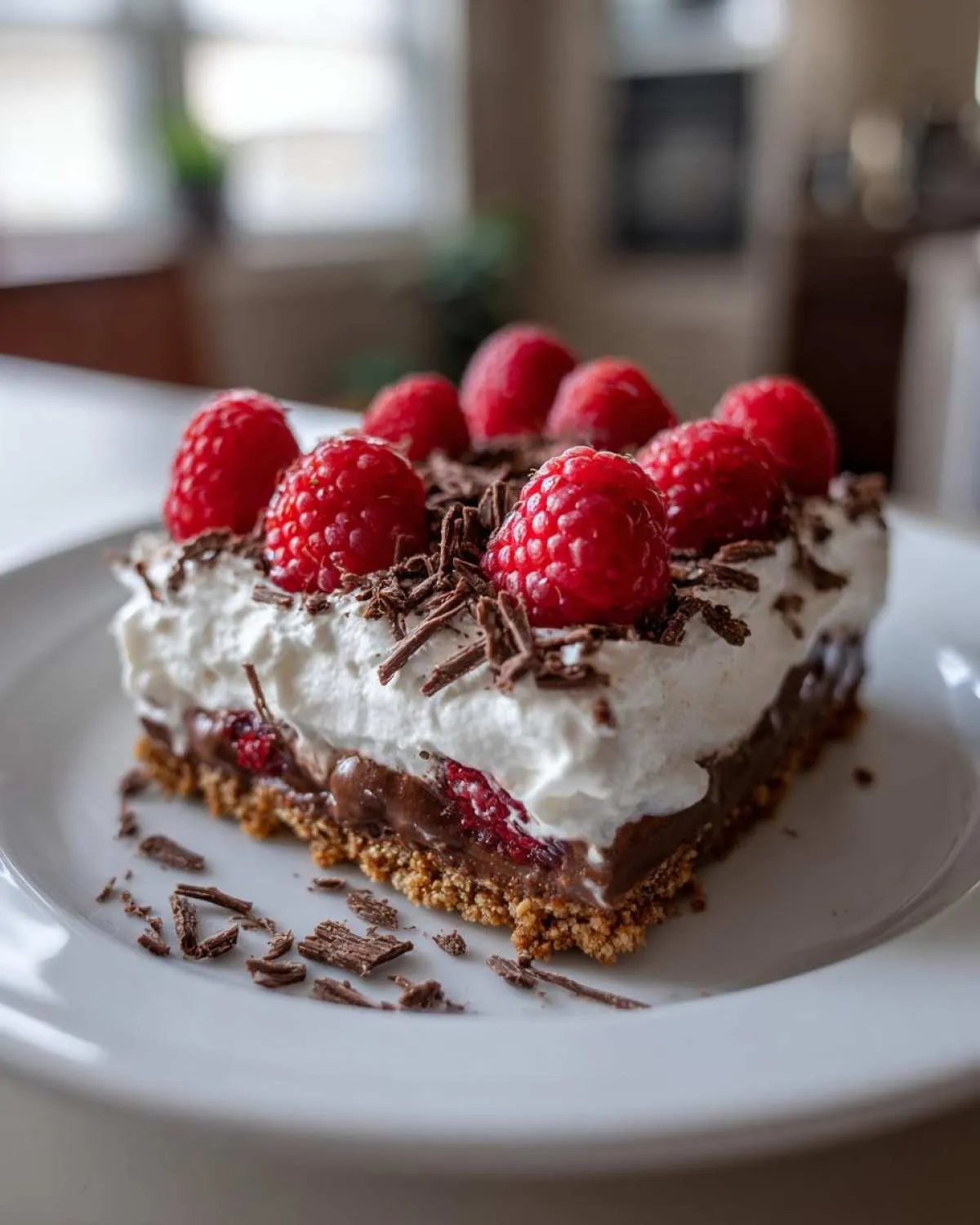 A slice of raspberry chocolate lasagna topped with whipped cream, fresh raspberries, and chocolate shavings.