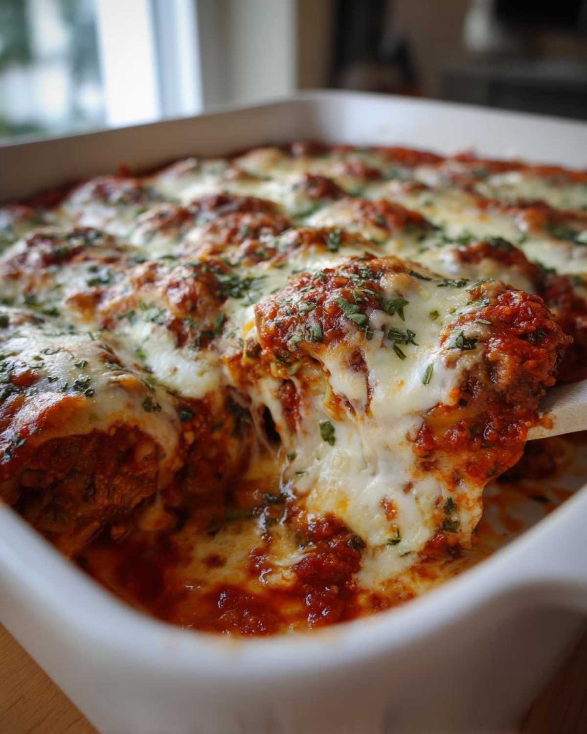 A serving spoon lifting a cheesy portion of Ravioli Lasagna Bake, showing melted mozzarella and rich tomato sauce.