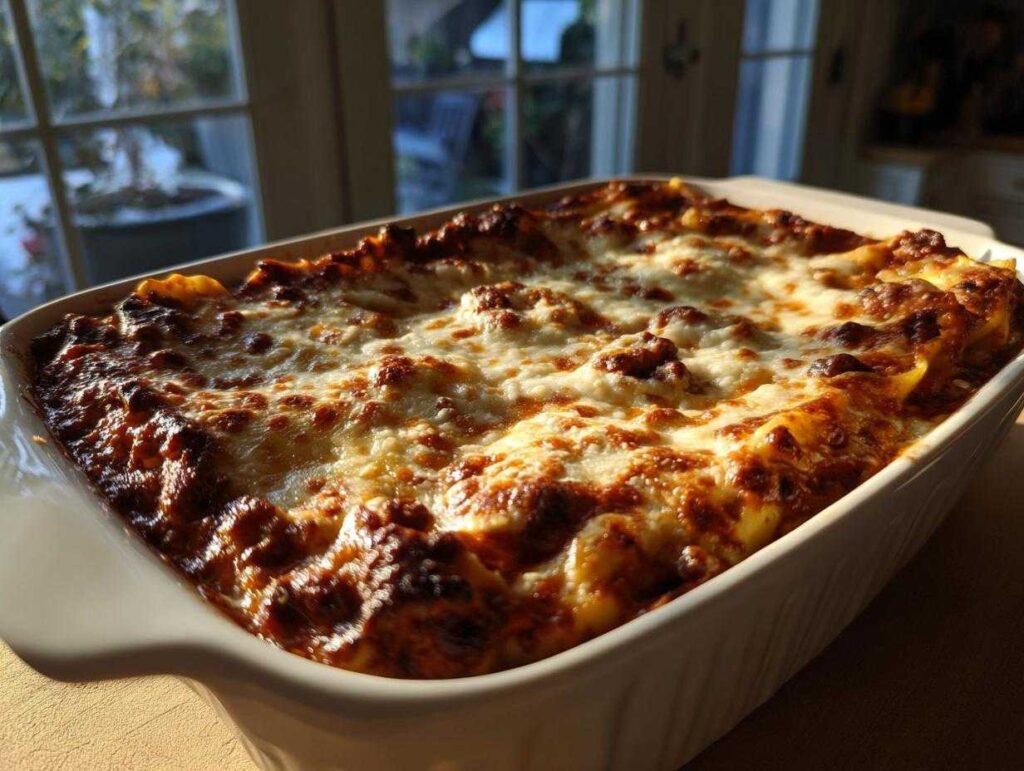 A golden brown and bubbly ravioli lasagna bake fresh from the oven in a white baking dish.