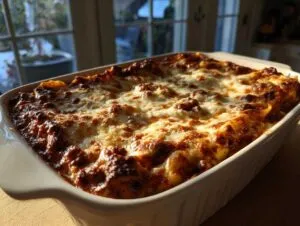 A golden brown and bubbly ravioli lasagna bake fresh from the oven in a white baking dish.