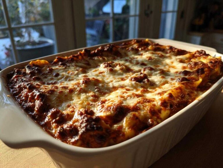 A golden brown and bubbly ravioli lasagna bake fresh from the oven in a white baking dish.
