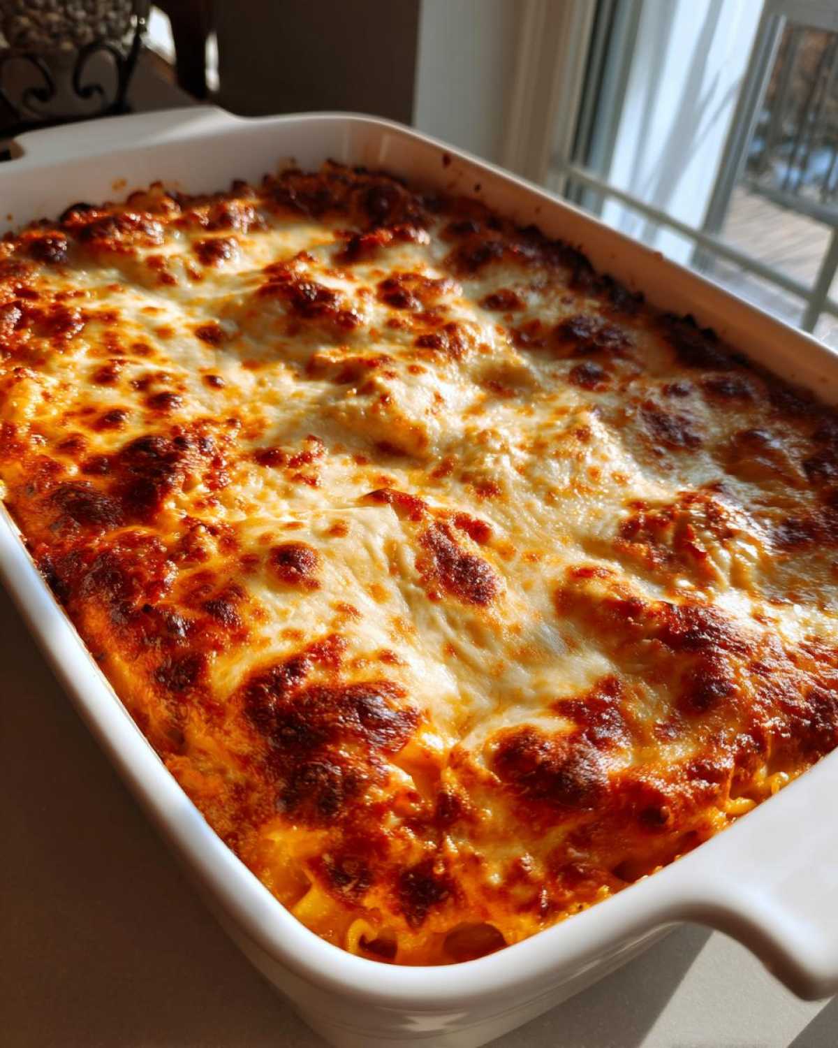 Close-up of a freshly baked Ravioli Lasagna Bake with bubbly, golden-brown cheese topping.