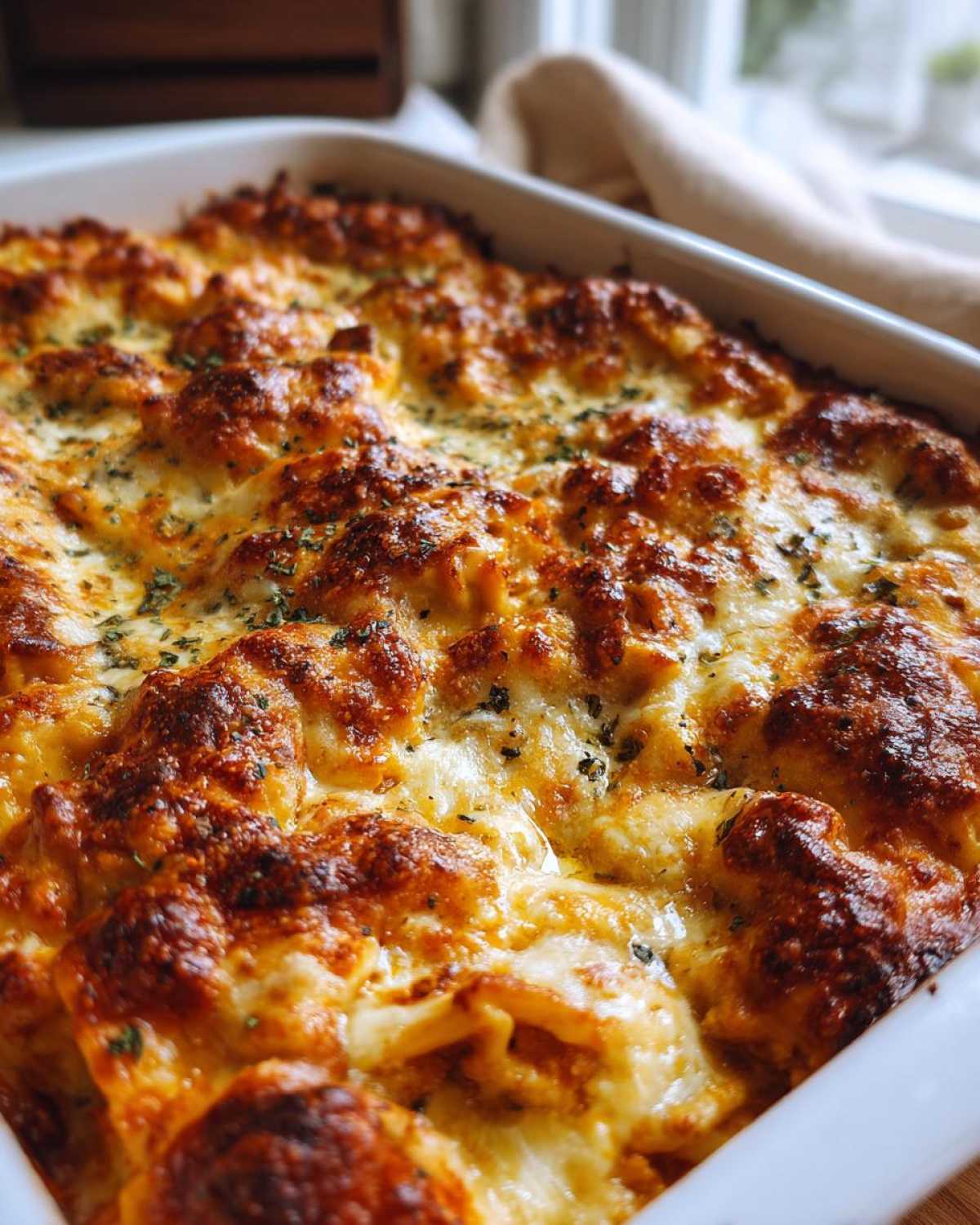 Close-up of a bubbling Ravioli Lasagna Bake with golden brown cheese and herbs in a white baking dish.