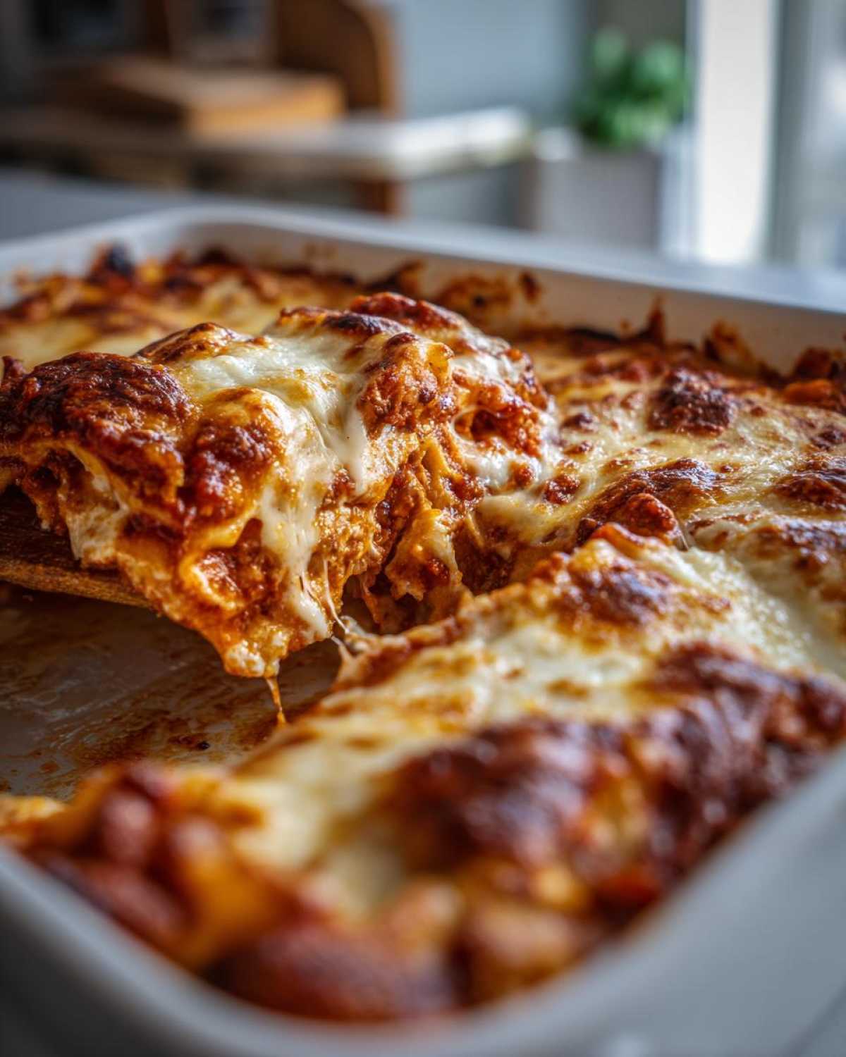 A close-up of a serving spoon lifting a cheesy slice from a bubbling Ravioli Lasagna Bake.