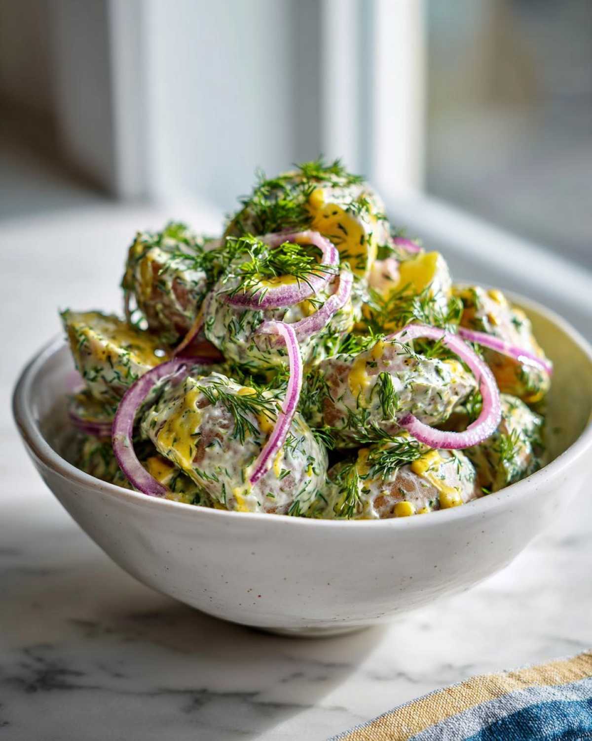 A bowl of creamy Scandinavian dill potato salad topped with fresh dill and red onion rings.