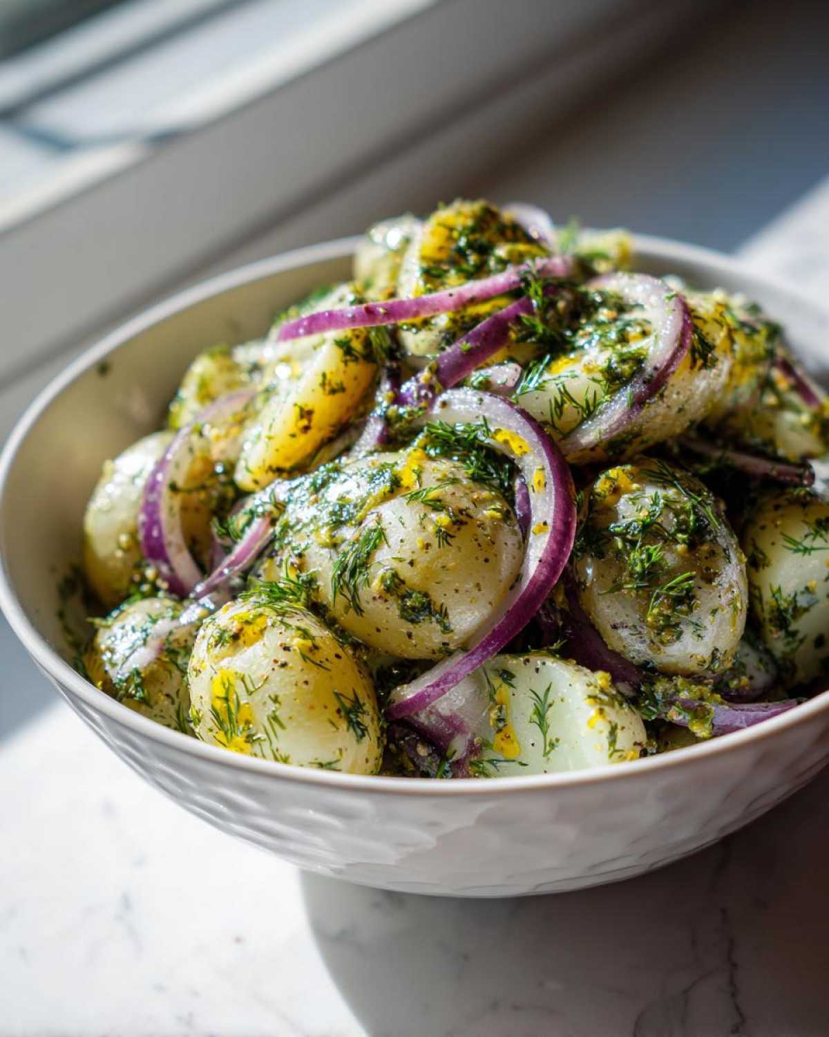 A bowl of creamy Scandinavian dill potato salad with red onions and fresh dill.