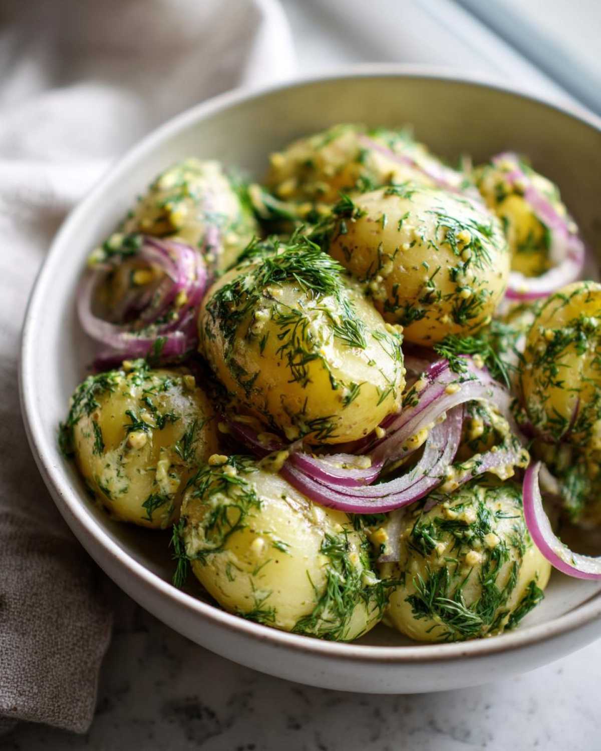 Close-up of a bowl of creamy Scandinavian dill potato salad with red onions and fresh dill.
