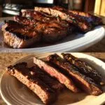 Close-up of perfectly cooked skirt steak, sliced and glistening with marinade, showcasing a juicy medium-rare center.