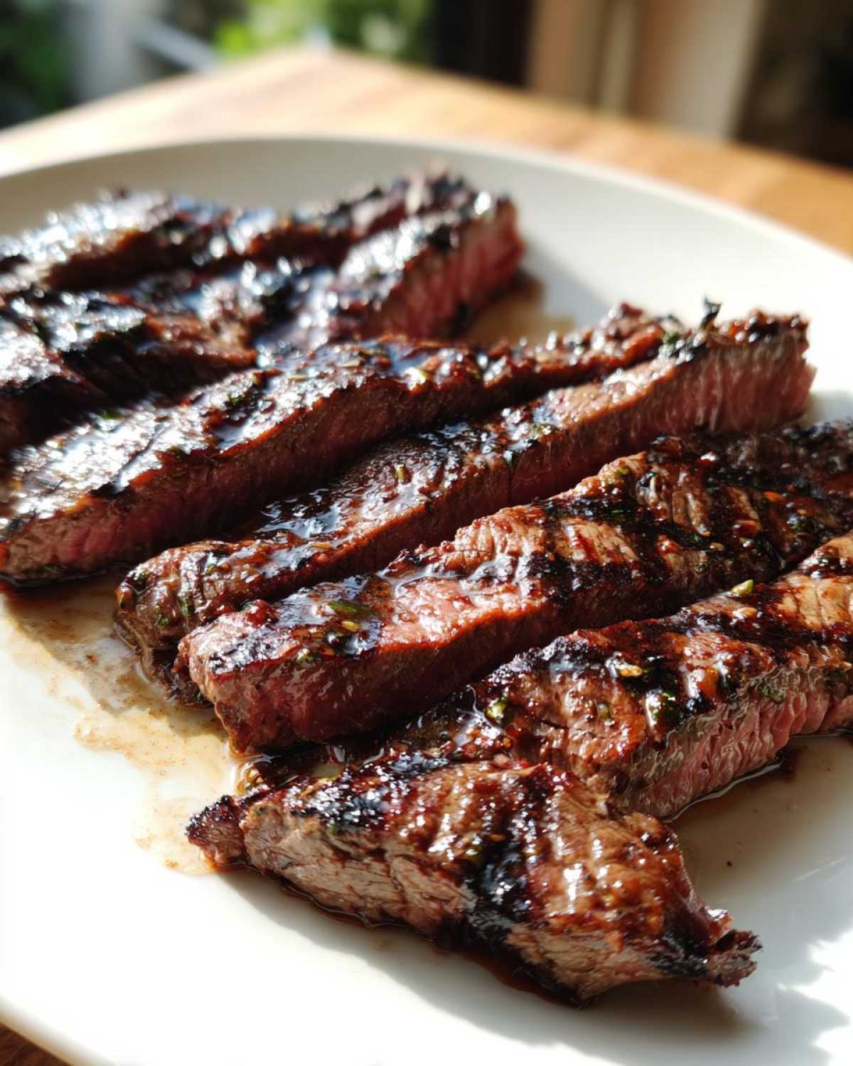 Close-up of perfectly grilled skirt steak, sliced and glistening with a flavorful marinade.