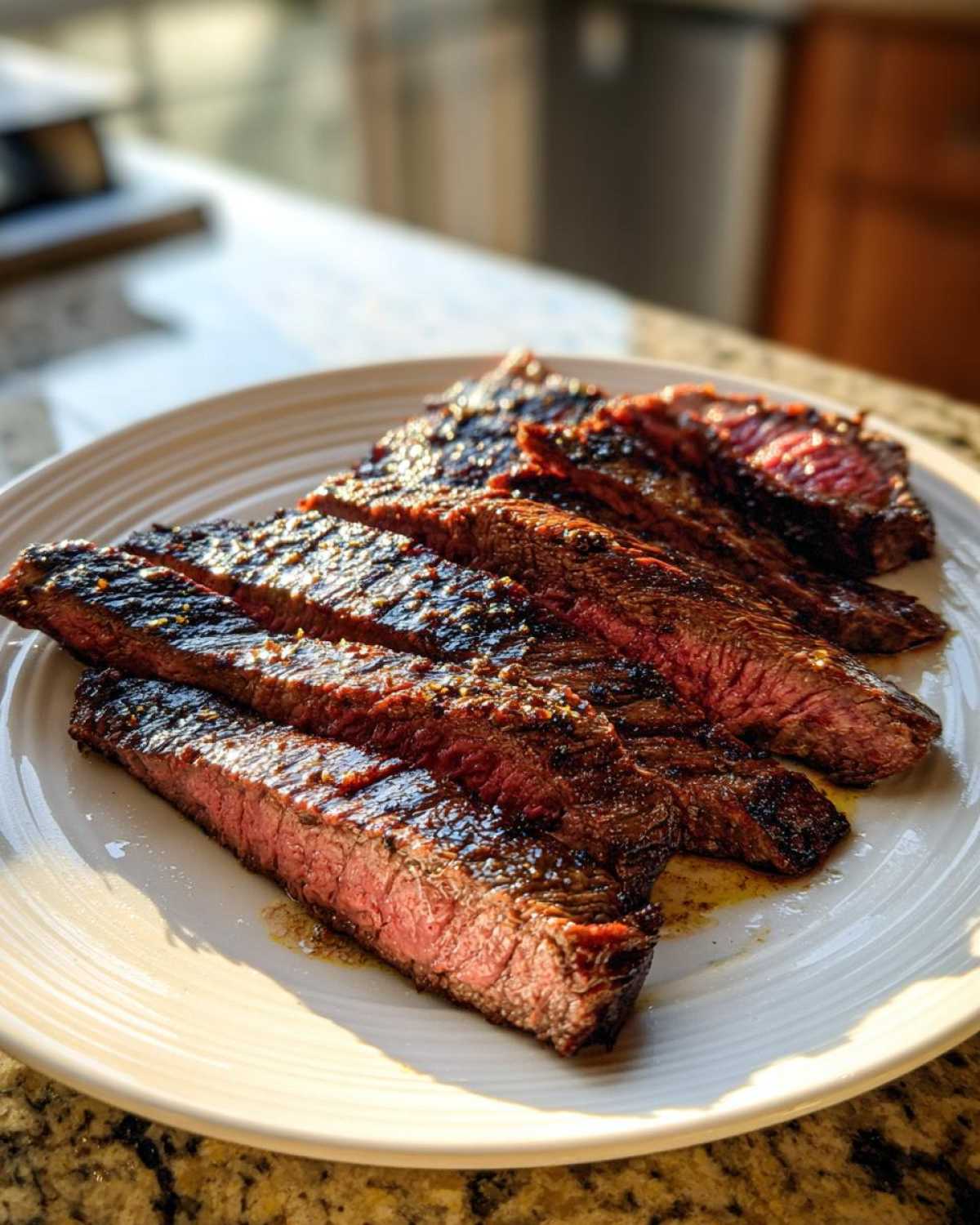 Close-up of perfectly cooked skirt steak slices, showcasing a rich marinade and tender texture.