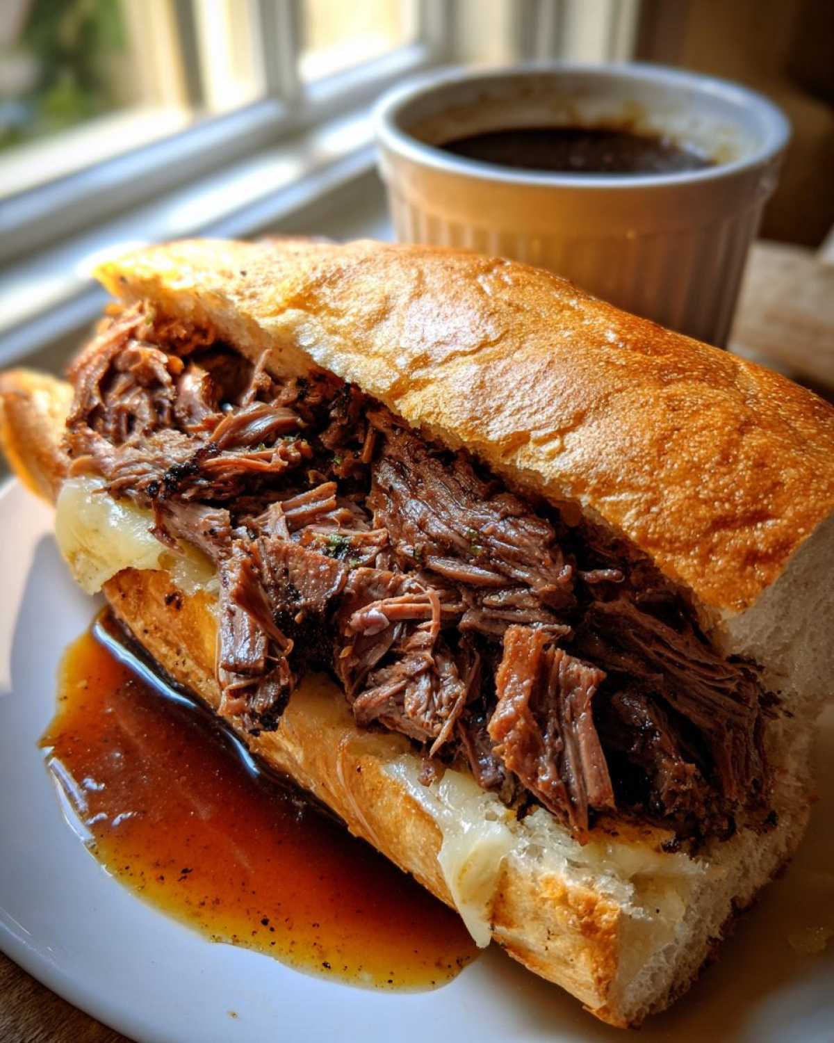 A close-up of a delicious slow cooker french dip sandwich overflowing with tender shredded beef and melted cheese, served with a side of au jus.