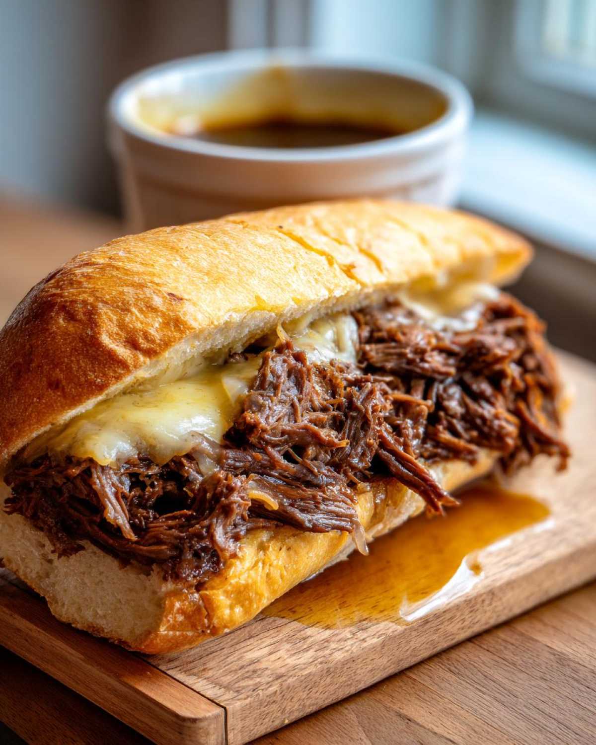 A close-up of a delicious slow cooker French dip sandwich overflowing with shredded beef and melted cheese, with a side of au jus.