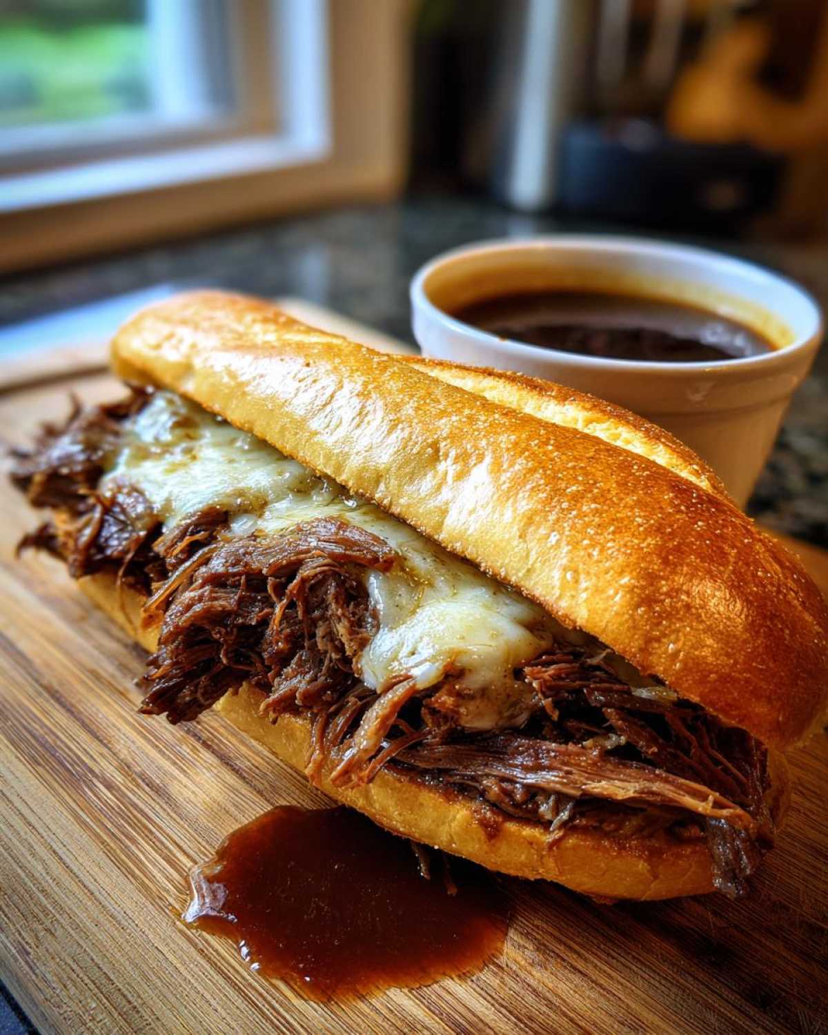 A close-up of a delicious slow cooker French dip sandwich with melted cheese and a side of au jus.